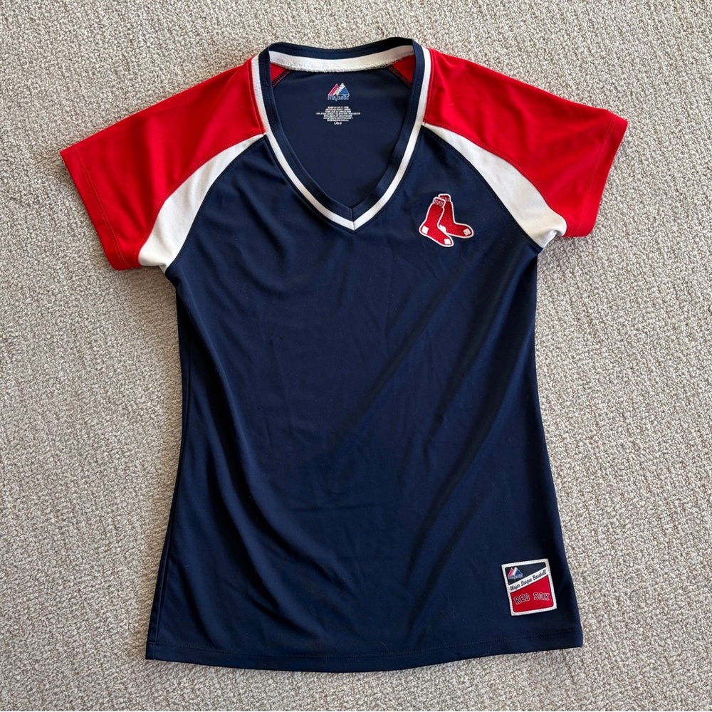 Boston Red Sox Majestic Women’s Jersey Top Navy Red - fits snug